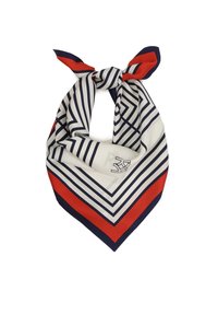 Eșarfă din mătase cu un fond alb, mărci cu dungi diagonale bleumarin și roșii, finisată cu margini roșii uniforme și un logo mic.