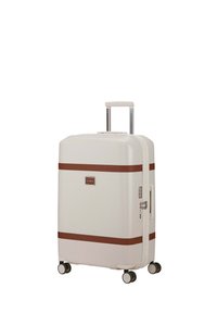 Valigia rigida con una finitura bianca lucida e una striscia orizzontale marrone. Dispone di un manico telescopico in alluminio e di quattro ruote.