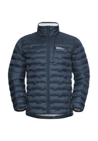 Marineblaue Steppjacke mit hohem Kragen, durchgehendem Reißverschluss und sichtbaren Nähten. Verfügt über ein Logo auf der linken Brust und elastische Bündchen.
