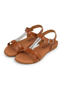 Brown leather sandals with metallic accent straps, flat sole, and adjustable buckle. Smooth texture and simple design.
