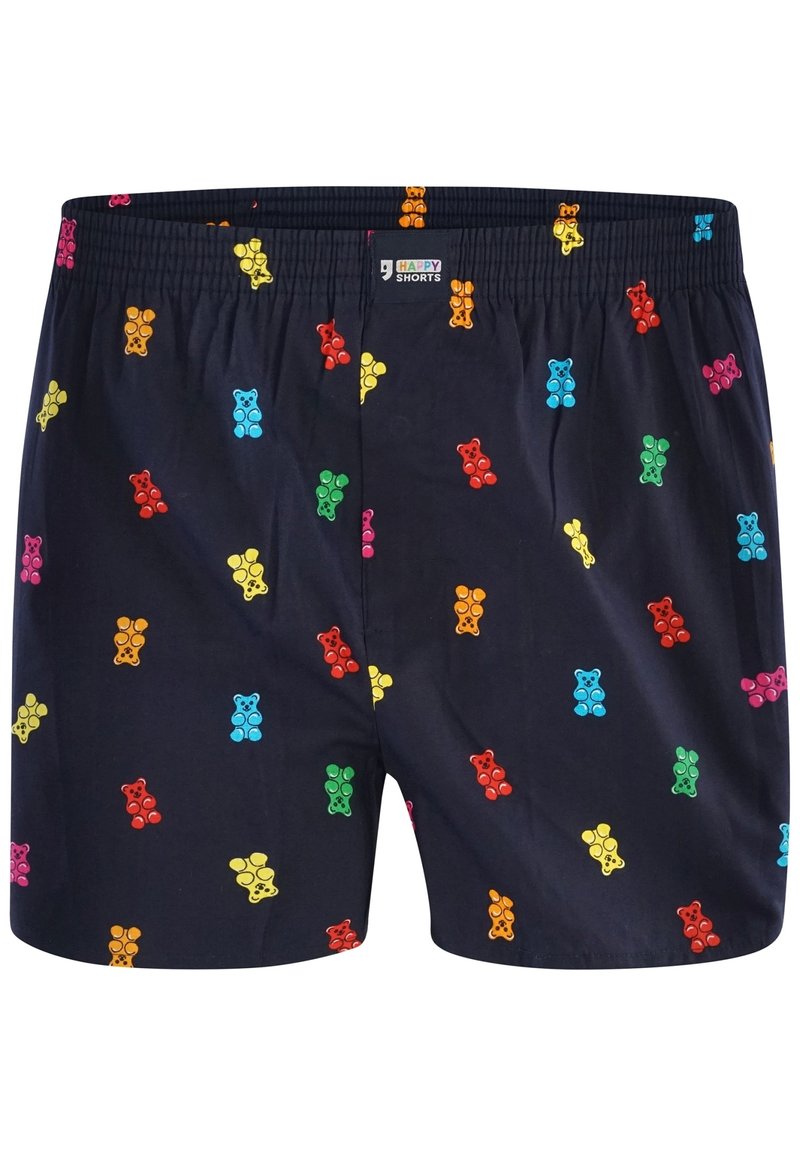 Boxer in cotone con elastico in vita, caratterizzati da uno sfondo blu navy e motivi di orsetti gommosi colorati in rosso, giallo, verde, blu e rosa.