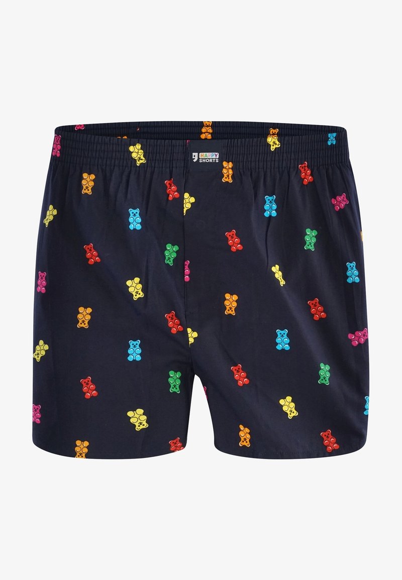 Baumwollboxershorts mit einem elastischen Bund, die einen dunkelblauen Hintergrund und bunte Gummibärchenmuster in Rot, Gelb, Grün, Blau und Pink aufweisen.