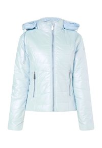 Padded světle modrá bunda s kapucí, obsahující přední zip, dvě kapsy na zip a lesklý povrch s prošívaným designem.