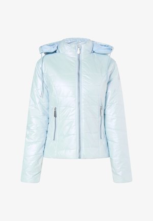Padded light blue jacket with a hood, featuring a front zipper, two zippered pockets, and a glossy finish with a quilted design.