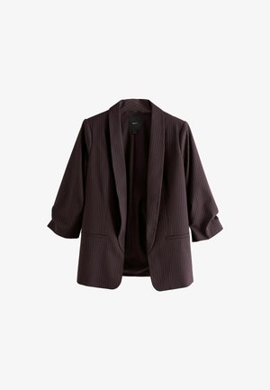 Blazer marron foncé à rayures avec des manches trois-quarts et une ouverture à l'avant, présentant des revers étroits et des poches passepoilées à l'avant.