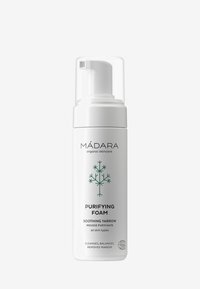 White cylindrical bottle with pump dispenser, features green tree graphic and text. Label includes product name and functions for all skin types.