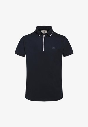 Tumesinine polo särk, mis on valmistatud puuvillast, millel on lukuga kaelus, valged aksendid kaeluses ja varrukatel ning väike logopatch rinnal.