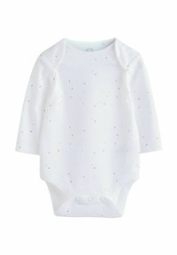 Bodysuit blanc à manches longues avec un motif à pois dans des couleurs pastel. Il présente des boutons pression en bas et un col rond.