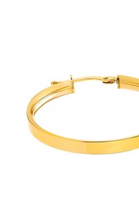 Goldener Creolen-Ohrring mit einer glatten, reflektierenden Oberfläche und runder Form. Verfügt über einen sicheren Scharnierverschluss und ein minimalistisches Design.