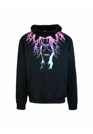 Felpa nera con cappuccio caratterizzata da una grafica centrale di fulmini viola e rosa, con tasca frontale e cappuccio regolabile con cordino.
