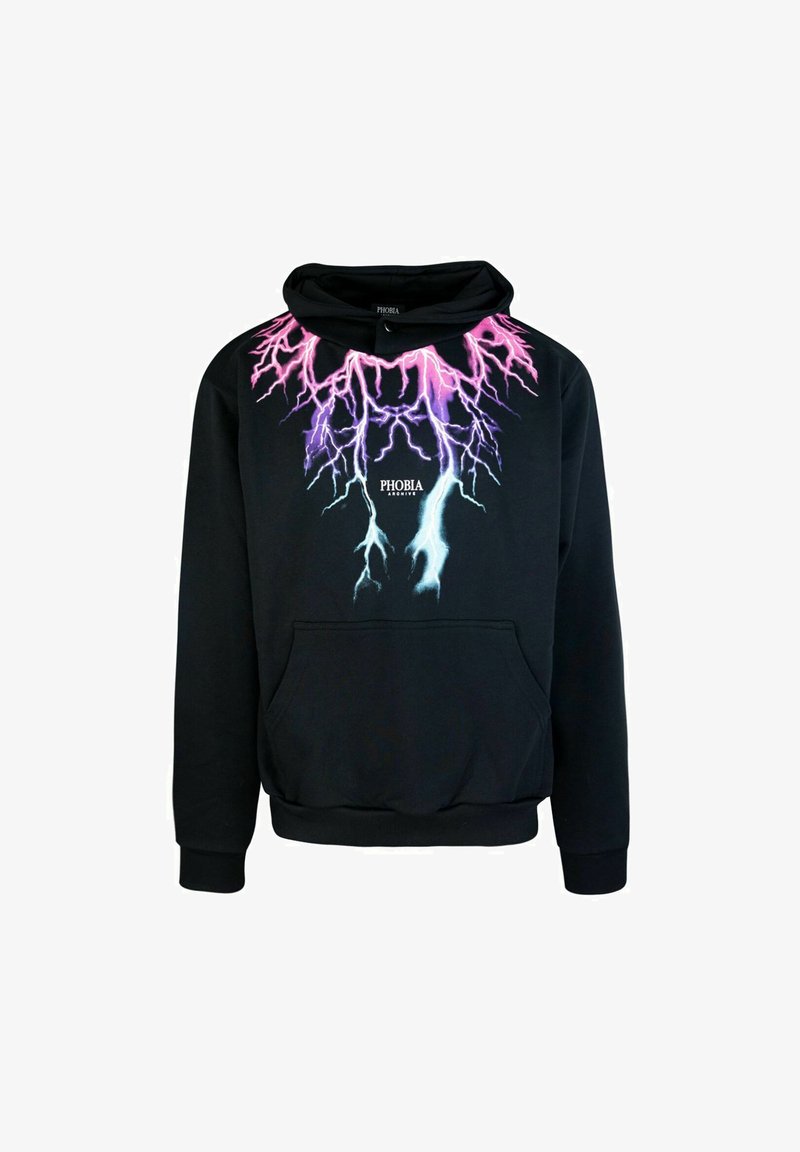 Felpa nera con cappuccio caratterizzata da una grafica centrale di fulmini viola e rosa, con tasca frontale e cappuccio regolabile con cordino.
