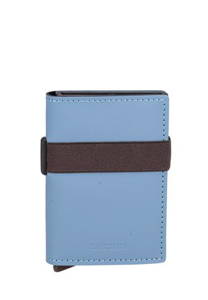 Compact blauwe leren portemonnee met een zwarte elastische band rond het midden en een geperst SECRID-logo aan de onderkant van de voorkant.