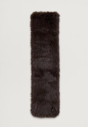 Mørkebrunt faux fur tørklæde med en lang, rektangulær form. Har en blød, struktureret overflade og et lille logo-accent i den ene ende.