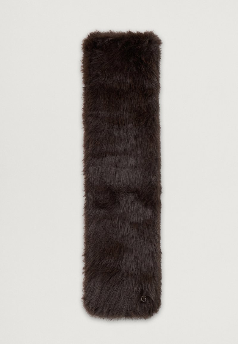 Mørkebrunt faux fur tørklæde med en lang, rektangulær form. Har en blød, struktureret overflade og et lille logo-accent i den ene ende.