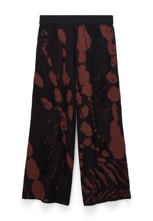 Spodnie o szerokich nogawkach z czarno-ciemnobrązowym abstrakcyjnym wzorem zwierzęcym i dopasowanym pasem.