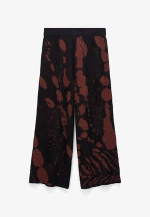 Spodnie o szerokich nogawkach z czarno-ciemnobrązowym abstrakcyjnym wzorem zwierzęcym i dopasowanym pasem.
