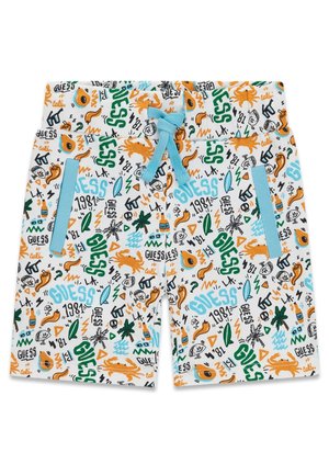 Weiße Shorts mit blauem Kordelzug und Taschen, bedeckt mit bunten Kritzeleien, darunter Krabben, Palmen und der Schriftzug "GUESS" in Grün und Blau.