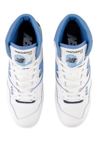 Sneakers alte con una toma di pelle bianca predominante e dettagli in azzurro chiaro, caratterizzati da una texture perforata, logo sulla linguetta e chiusura con lacci.