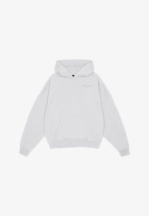 Lysegrå hættetrøje lavet af blødt bomuld med kangaroo-lomme, ribbede manchetter og et logo trykt på brystet i en diskret nuance.