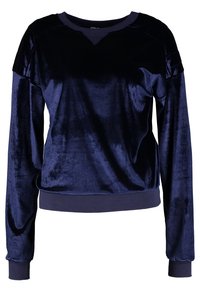 Felpa in velluto blu navy con maniche lunghe, orlo a costine e scollatura rotonda. Presenta una texture liscia e lucida e una vestibilità comoda.