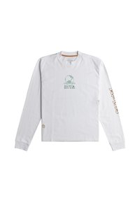 Wit longsleeve t-shirt van katoen met een groene wereldbol graphic en "rvca" tekst op de voorkant, en beige ontwerpdetails op de mouwen.