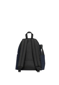 Sac à dos bleu marine avec des bretelles et une poche noires. Fabriqué en matériau texturé, il comprend une poche latérale pour une bouteille d'eau. Design simple.