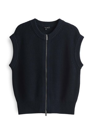 Marineblauer ärmelloser Pullover mit gerippter Textur, runder Halslinie und durchgehendem Reißverschluss. Verfügt über ein vertikales Strickmuster im gesamten Design.