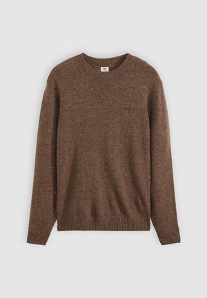 Brown knit sweater with long sleeves, crew neckline, and ribbed hem. Features a textured finish with light speckles throughout.