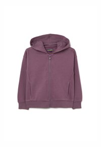 Sudadera con cremallera de color púrpura, con capucha forrada, bolsillos frontales, puños de canalé y una textura suave, hecha de una tela cómoda.