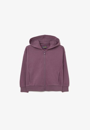 Sudadera con cremallera de color púrpura, con capucha forrada, bolsillos frontales, puños de canalé y una textura suave, hecha de una tela cómoda.