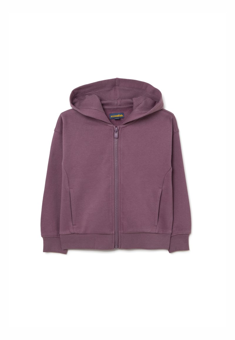 Sudadera con cremallera de color púrpura, con capucha forrada, bolsillos frontales, puños de canalé y una textura suave, hecha de una tela cómoda.
