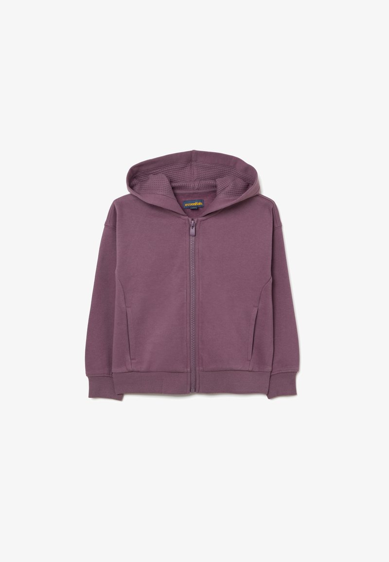 Sudadera con cremallera de color púrpura, con capucha forrada, bolsillos frontales, puños de canalé y una textura suave, hecha de una tela cómoda.