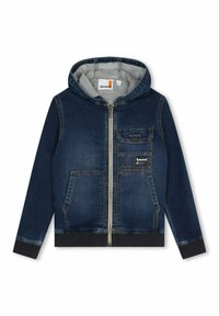Tmavě modrá denimová mikina na zip s předními kapsami, náprsní kapsou s klopou a nášivkou Timberland a šedou podšívkou v kapuci.