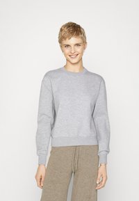 Lys grå crewneck genser laget av mykt stoff, med ribbestrikkede mansjetter og nederkant, avslappet passform og minimalistisk design.