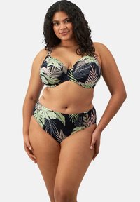 Zwart bikini set met een bladeren groen en roze tropisch patroon. De top heeft gestructureerde cups en brede verstelbare bandjes; de onderkant is hoog geselecteerd.