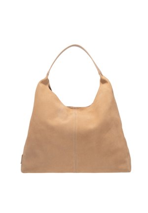 Grande borsa in pelle color cuoio con singolo manico a tracolla, texture morbida e cucitura visibile al centro anteriore.