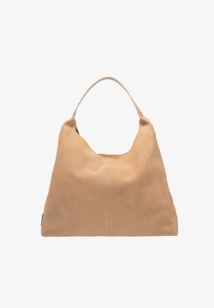 Grote beige leren handtas met een enkele schouderriem, zachte textuur en een zichtbare naad in het midden aan de voorkant.