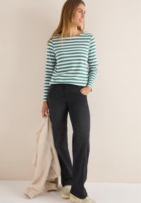 Camicia a righe a maniche lunghe in teal e bianco, abbinata a pantaloni neri. Gli accessori includono un giubbotto beige e sneakers gialle.