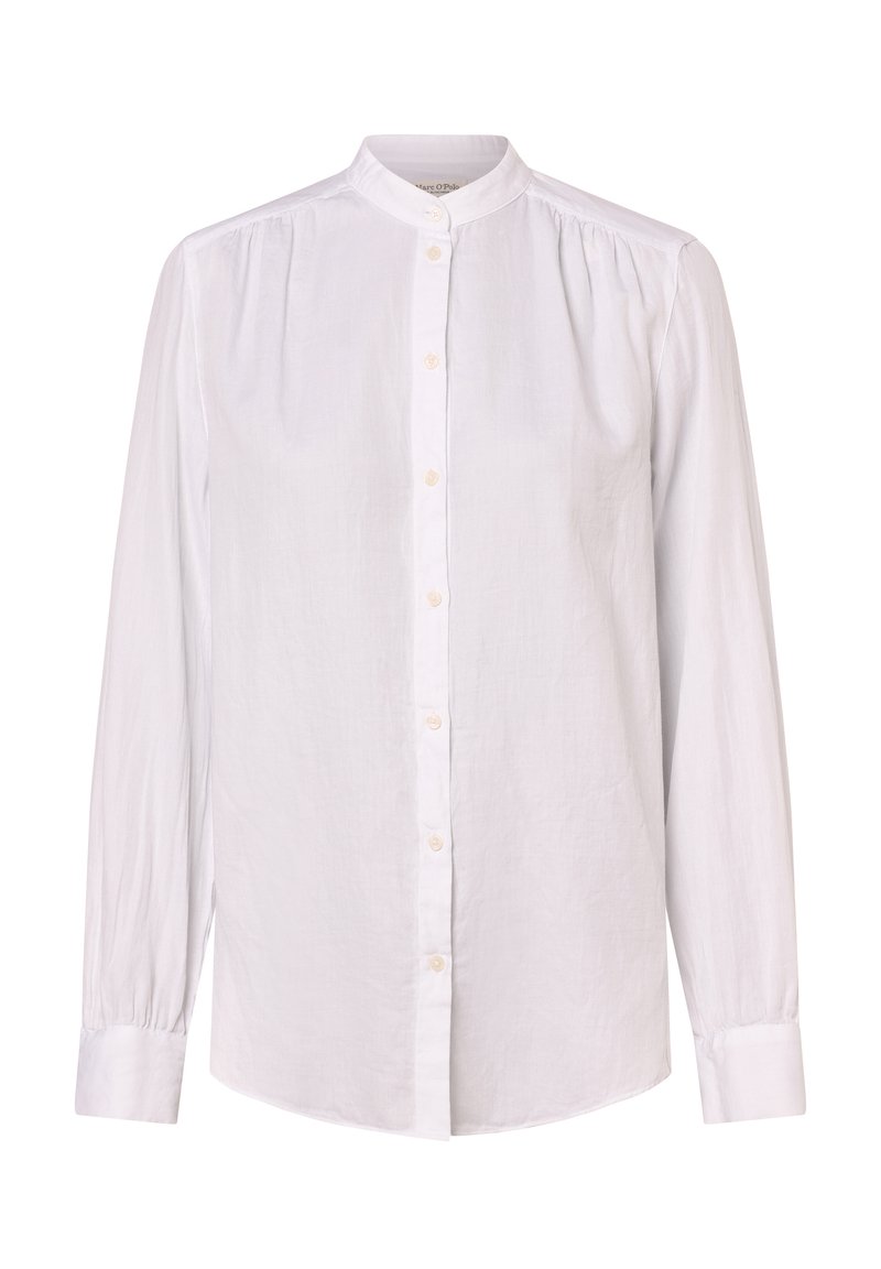White long-sleeve shirt made of lightweight fabric, featuring a mandarin collar, button front, and subtle pleats at shoulders.