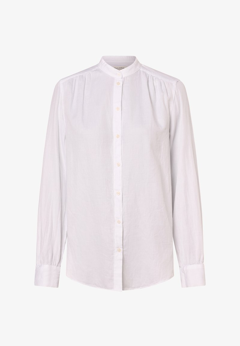 White long-sleeve shirt made of lightweight fabric, featuring a mandarin collar, button front, and subtle pleats at shoulders.