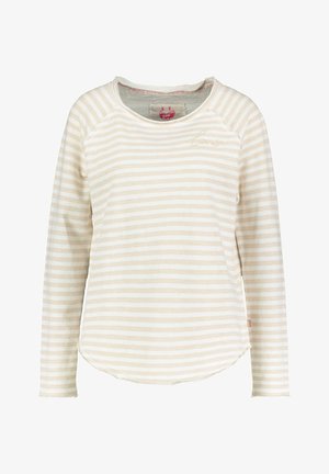 Koszula z długim rękawem w kremowo-białe poziome paski, z okrągłym dekoltem i małym haftowanym kursywą napisem na piersi.