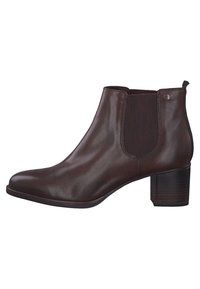 Braune Leder-Stiefel bis zum Knöchel mit niedrigem Blockabsatz, elastischen Seiteneinsätzen und einer glatten Oberfläche. Entworfen für einfaches Tragen und Stabilität.