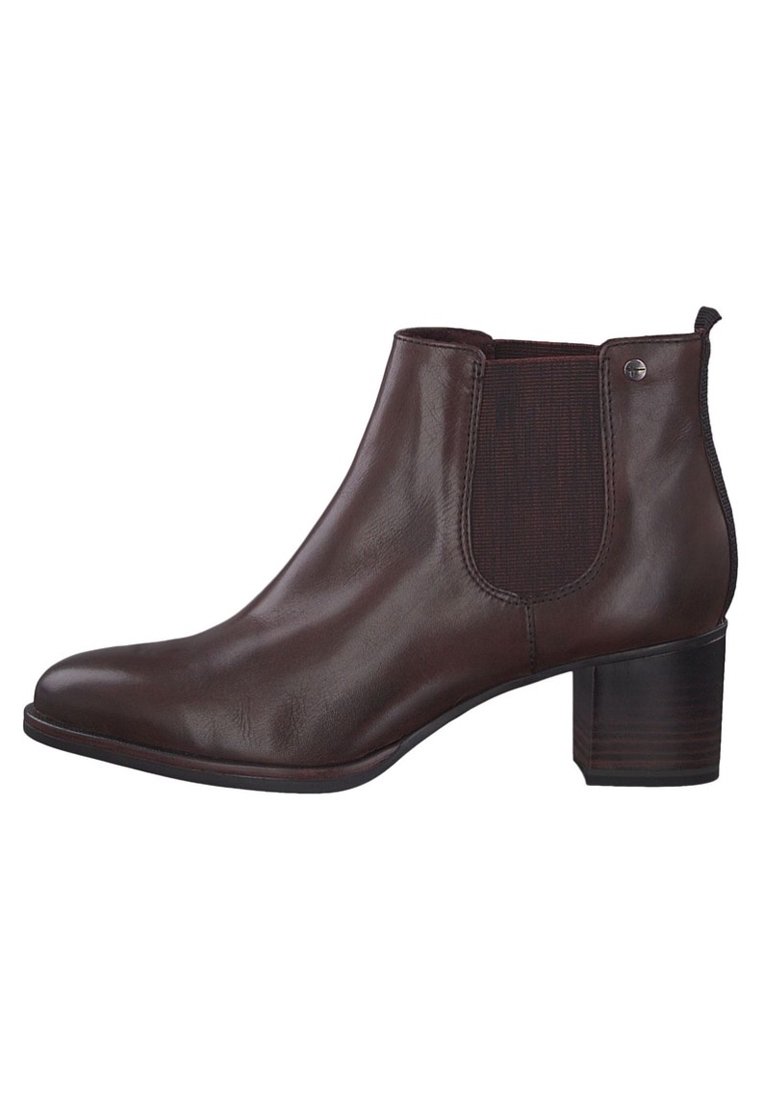 Braune Leder-Stiefel bis zum Knöchel mit niedrigem Blockabsatz, elastischen Seiteneinsätzen und einer glatten Oberfläche. Entworfen für einfaches Tragen und Stabilität.