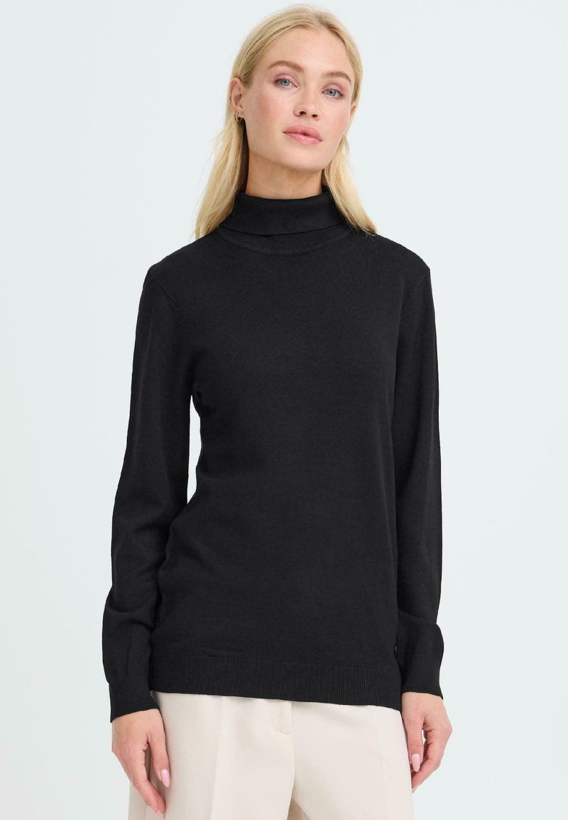 Schwarzer Rollkragenpullover aus weichem Strickmaterial mit langen Ärmeln und gerippten Bündchen, der ein minimalistisches Design und eine lässige Passform aufweist.
