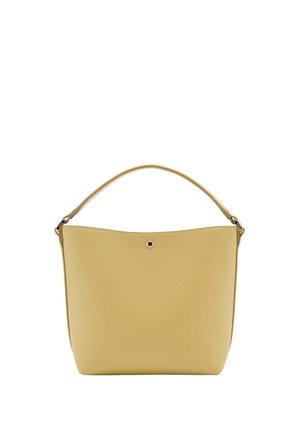 Sac à main en cuir beige avec une poignée unique, un design simple et un petit bouton en métal au centre devant.