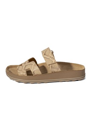 Beige instapsandaal met twee brede banden met slangpatroon, een gevoerde binnenzool en een getextureerde rubberen zool.