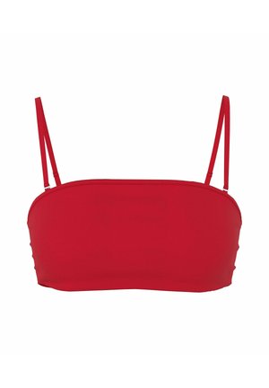 Rød bandeau bikinioverdel med tynne justerbare skulderstropper og uten synlige mønstre eller dekorasjoner.