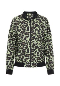 Giacca bomber con stampa leopardata in verde e nero, caratterizzata da una chiusura con zip, colletto a coste, polsini e orlo. Realizzata in tessuto leggero.