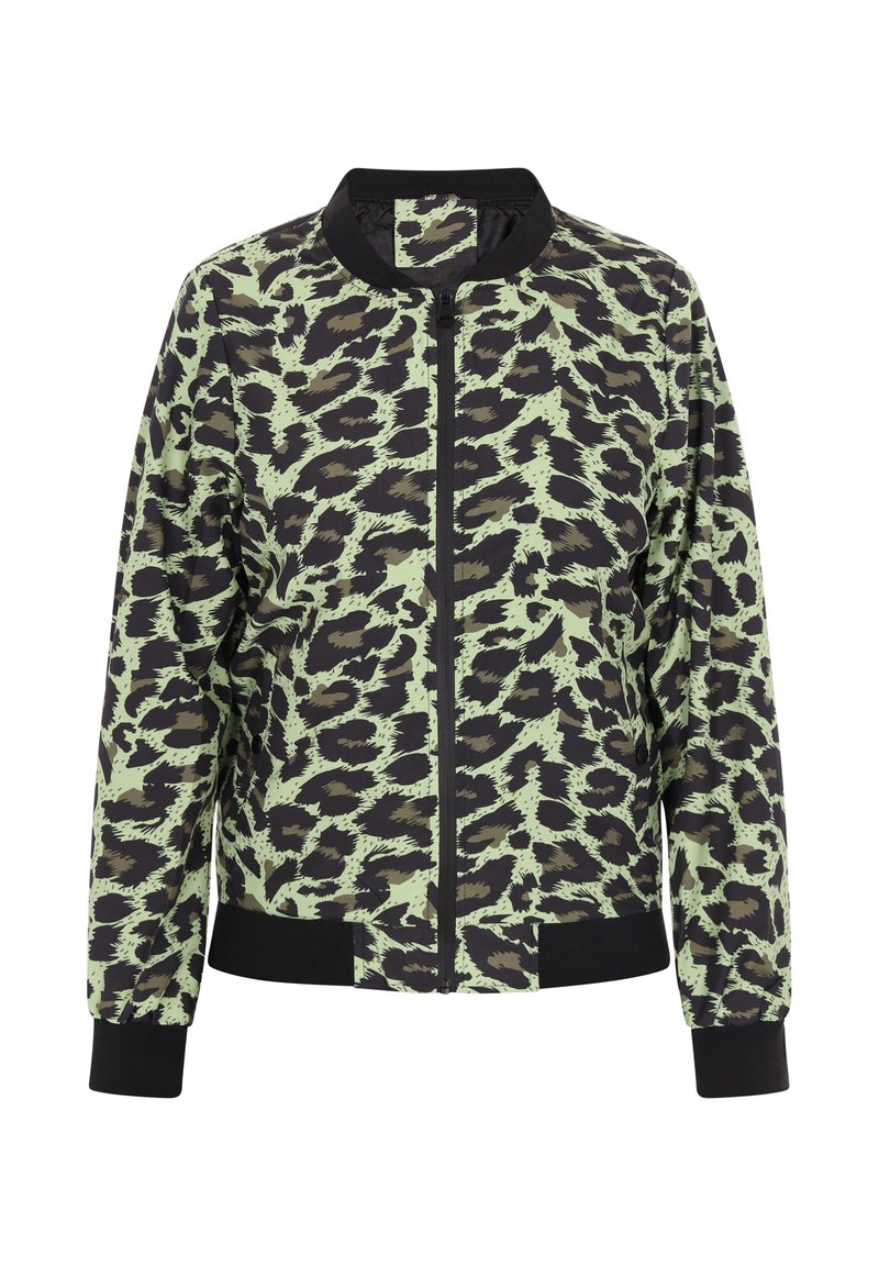Giacca bomber con stampa leopardata in verde e nero, caratterizzata da una chiusura con zip, colletto a coste, polsini e orlo. Realizzata in tessuto leggero.