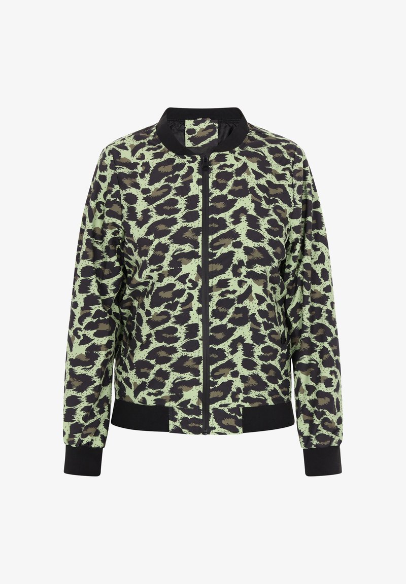 Jachetă de tip bomber cu imprimeu leopard în verde și negru, având fermoar la față, guler, manșete și tiv ribbate. Fabricată dintr-un material ușor.